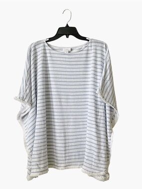 J Jill Linen Poncho Top Women's Size M/L Blue White Stripe Fringe Eyelash Light